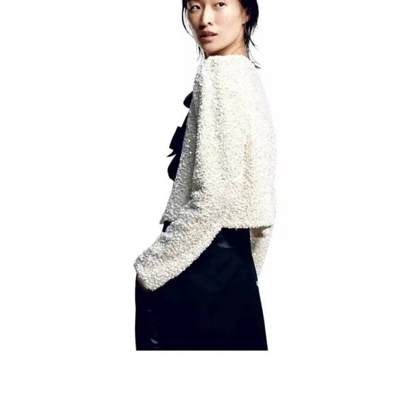 ❤️H&M White Bow Tie-Front Sequin Jacket Cardigan Top With Ribbon Viral New - Picture 3 of 6